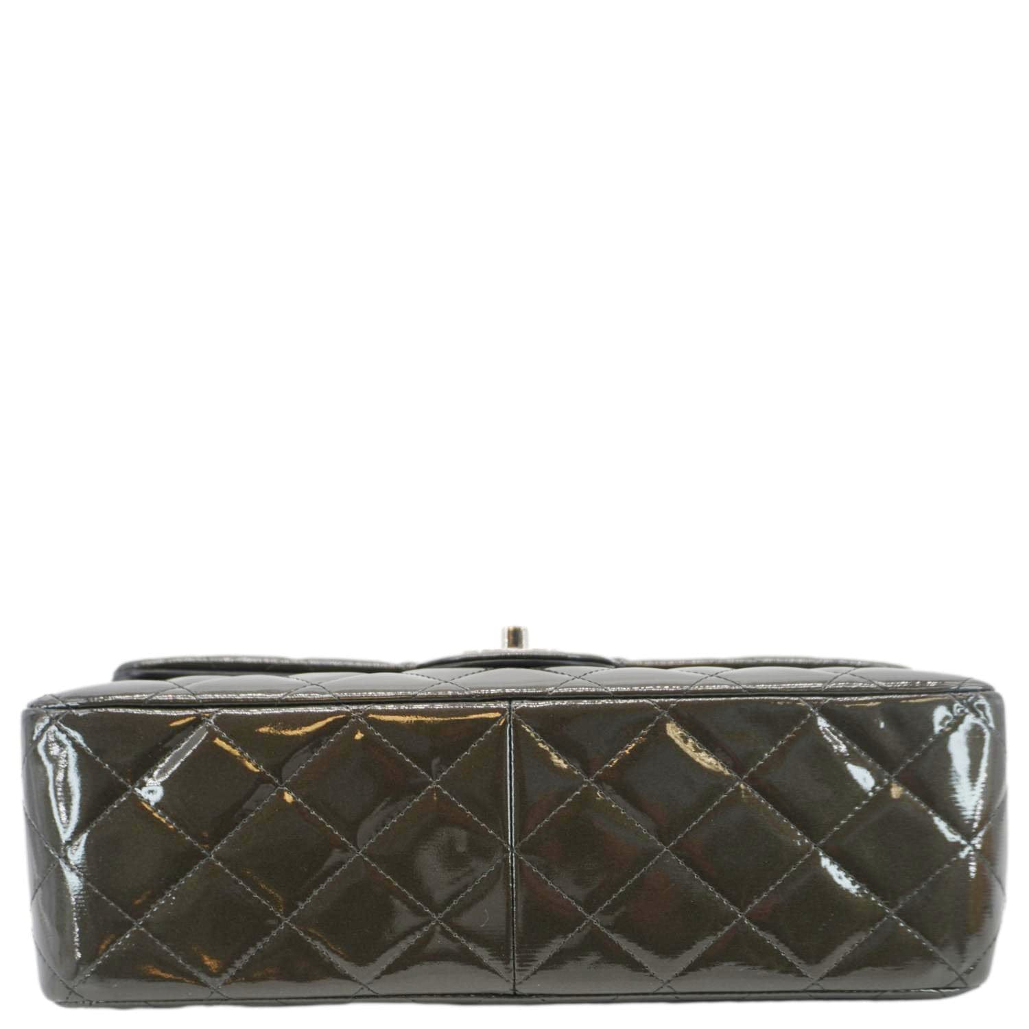 Chanel Classic Double Flap Quilted Patent Leather Shoulder Bag Dark Green