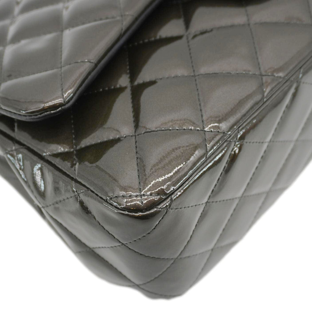 Chanel Classic Double Flap Quilted Patent Leather Shoulder Bag Dark Green