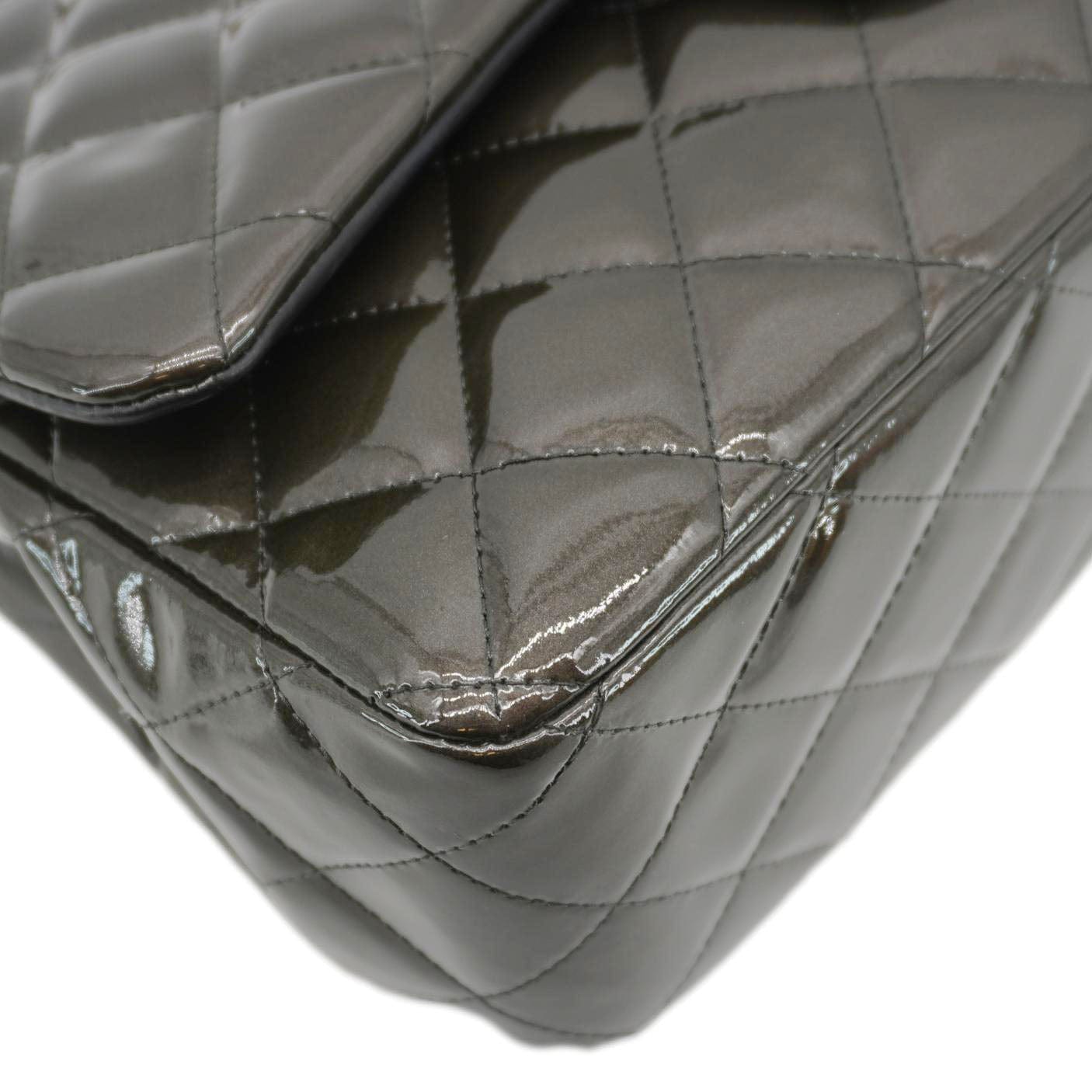 Chanel Classic Double Flap Quilted Patent Leather Shoulder Bag Dark Green