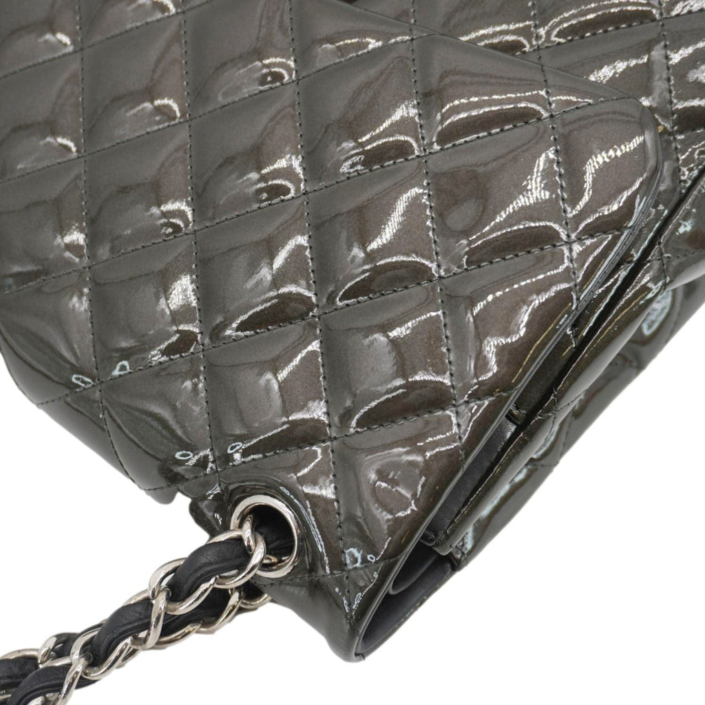 Chanel Classic Double Flap Quilted Patent Leather Shoulder Bag Dark Green