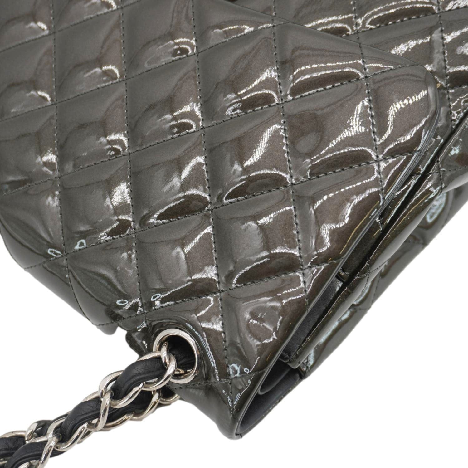 Chanel Classic Double Flap Quilted Patent Leather Shoulder Bag Dark Green