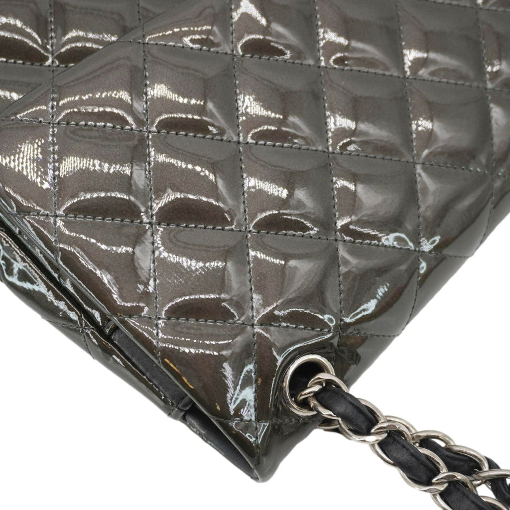 Chanel Classic Double Flap Quilted Patent Leather Shoulder Bag Dark Green
