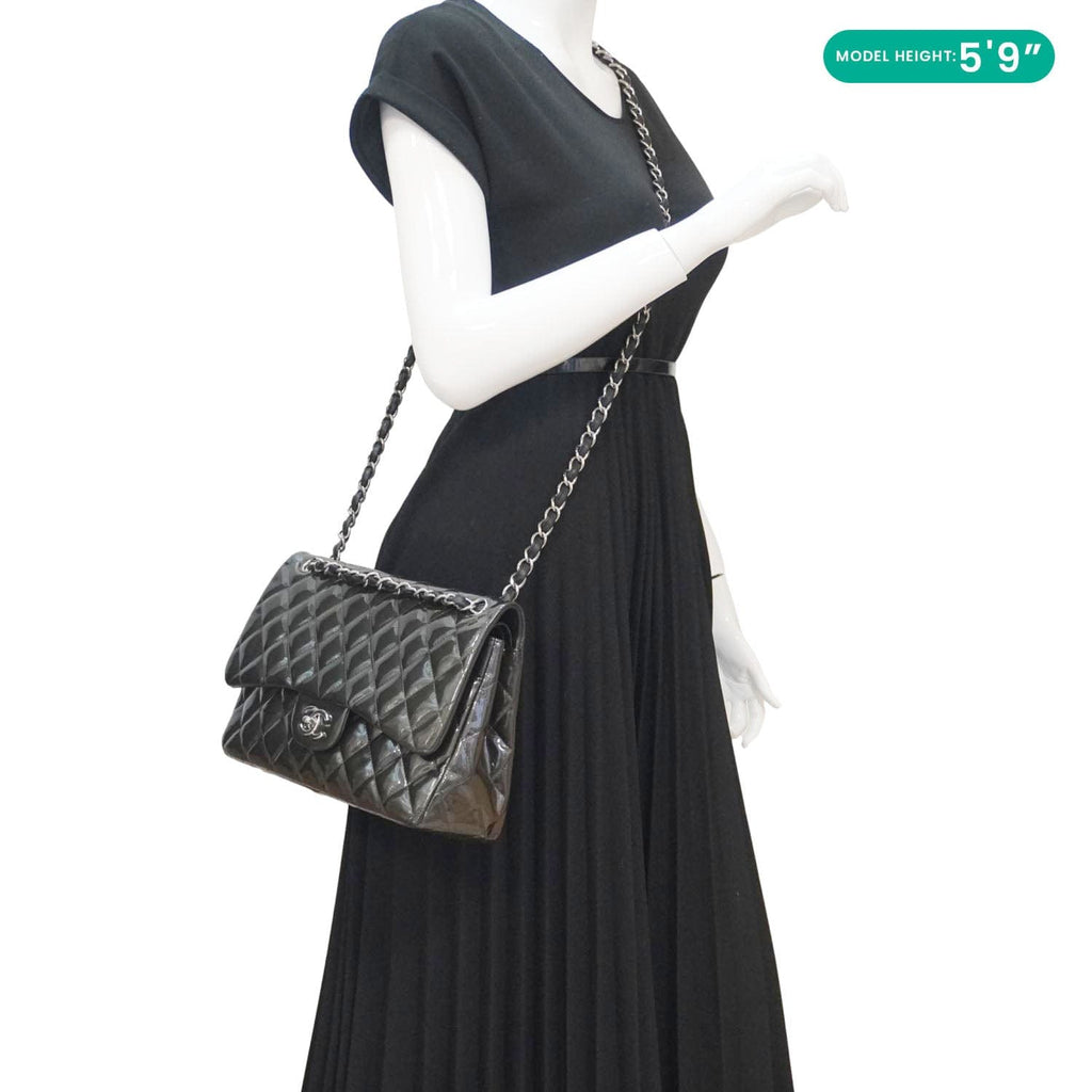 Chanel Classic Double Flap Quilted Patent Leather Shoulder Bag Dark Green