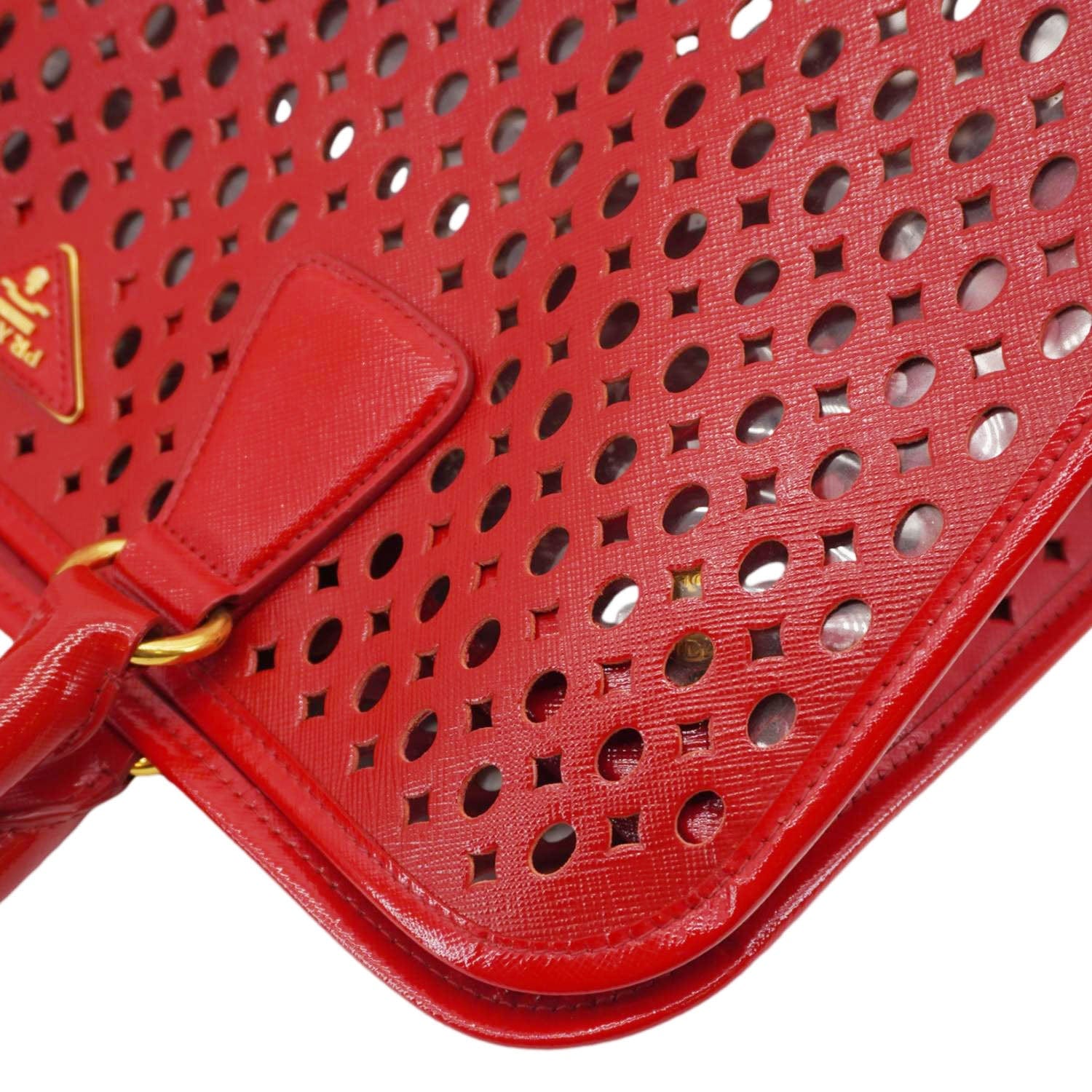 PRADA Saffiano Perforated Leather Tote Bag Red
