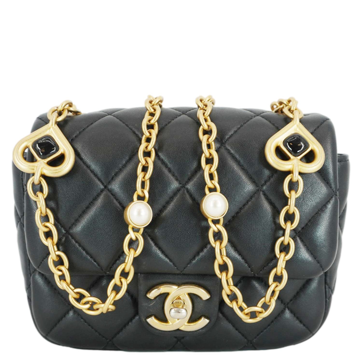 Chanel Enamel Pearl Charm Me Square Flap Mini Quilted Lambskin Leather Crossbody Bag Black