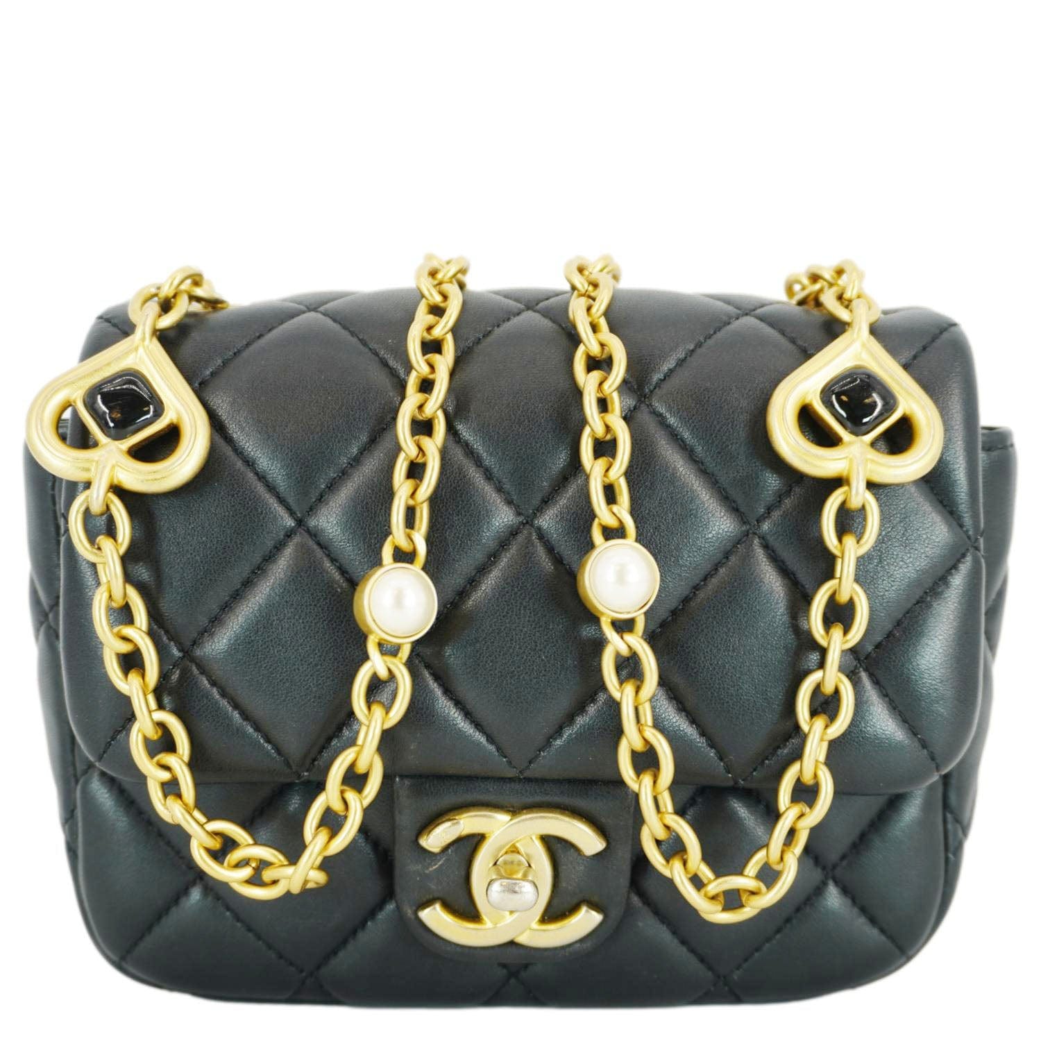 Chanel Enamel Pearl Charm Me Square Flap Mini Quilted Lambskin Leather Crossbody Bag Black