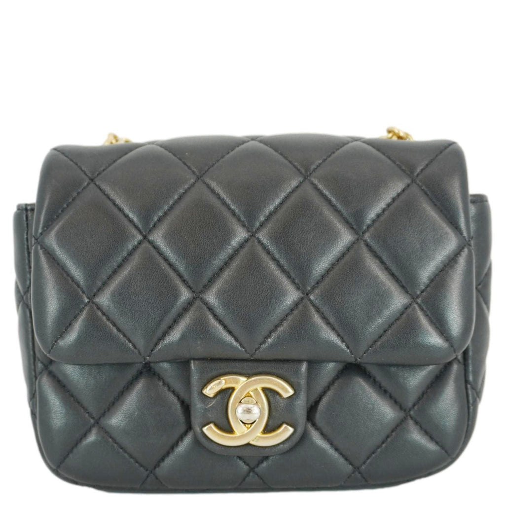 Chanel Enamel Pearl Charm Me Square Flap Mini Quilted Lambskin Leather Crossbody Bag Black