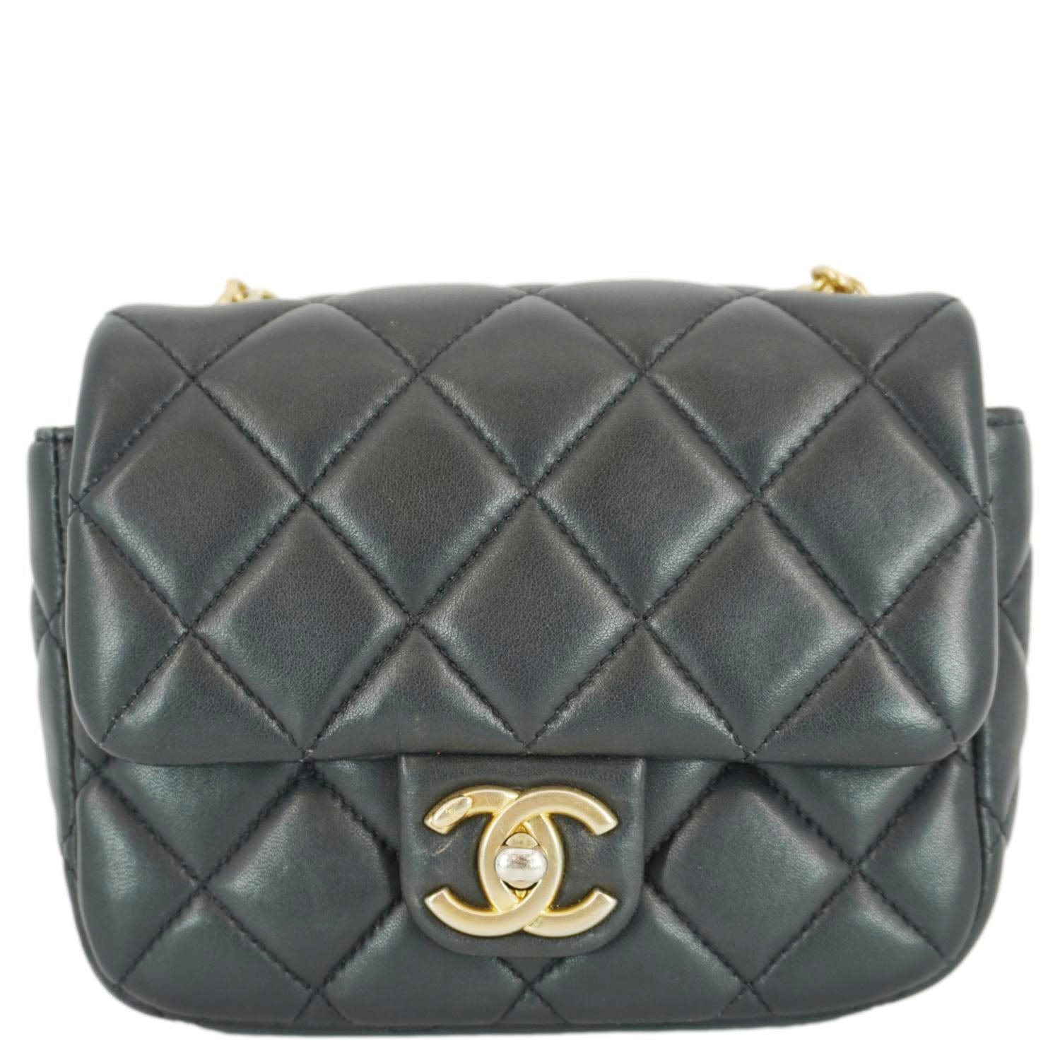 Chanel Enamel Pearl Charm Me Square Flap Mini Quilted Lambskin Leather Crossbody Bag Black