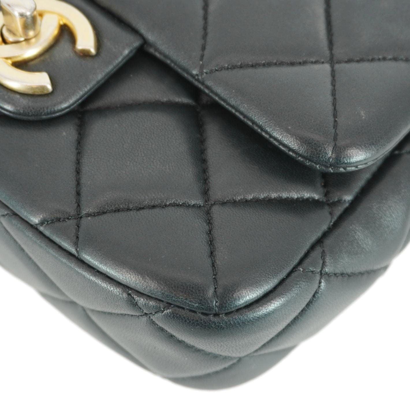 Chanel Enamel Pearl Charm Me Square Flap Mini Quilted Lambskin Leather Crossbody Bag Black