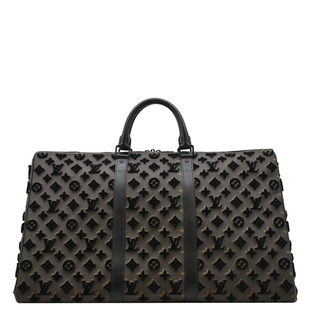 LOUIS VUITTON Keepall Triangle 50 Monogram Tuffetage Travel Bag Black