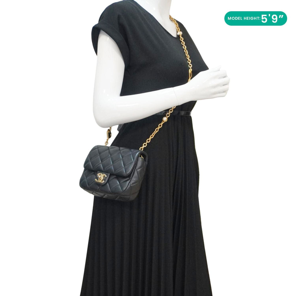 Chanel Enamel Pearl Charm Me Square Flap Mini Quilted Lambskin Leather Crossbody Bag Black