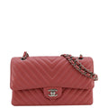 Chanel Classic Double Flap Medium Chevron Leather Shoulder Bag Peach