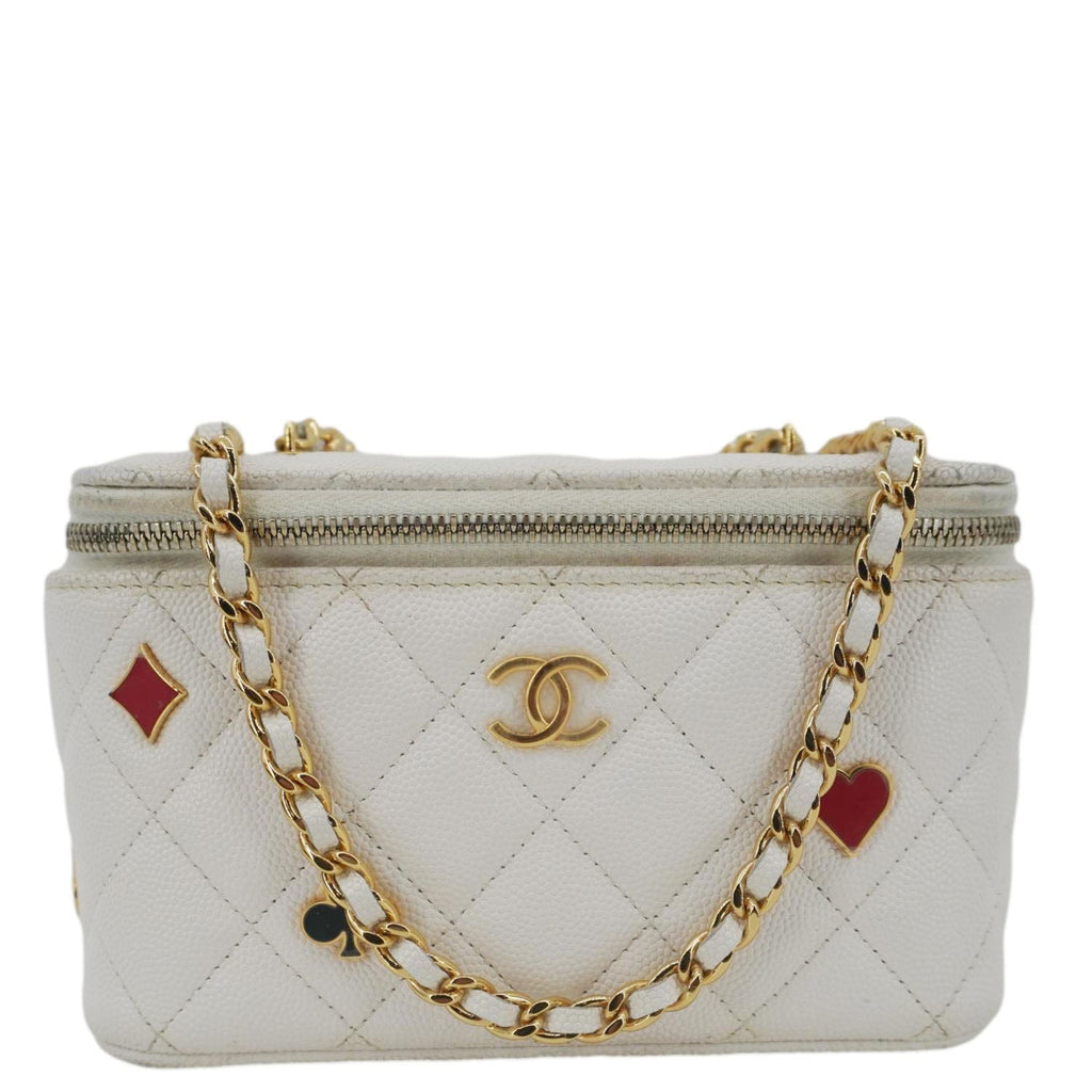 Chanel Coco Casino Small Quilted Caviar Leather Chain Vanity Case White