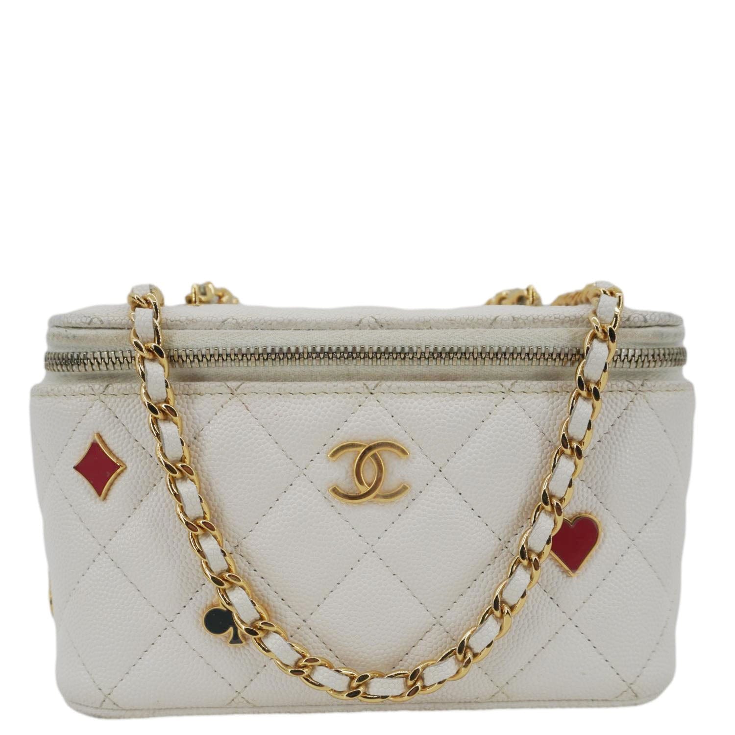 Chanel Coco Casino Small Quilted Caviar Leather Chain Vanity Case White