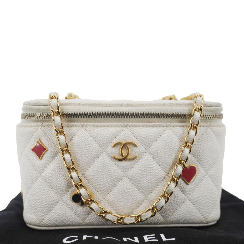 Chanel Coco Casino Small Quilted Caviar Leather Chain Vanity Case White
