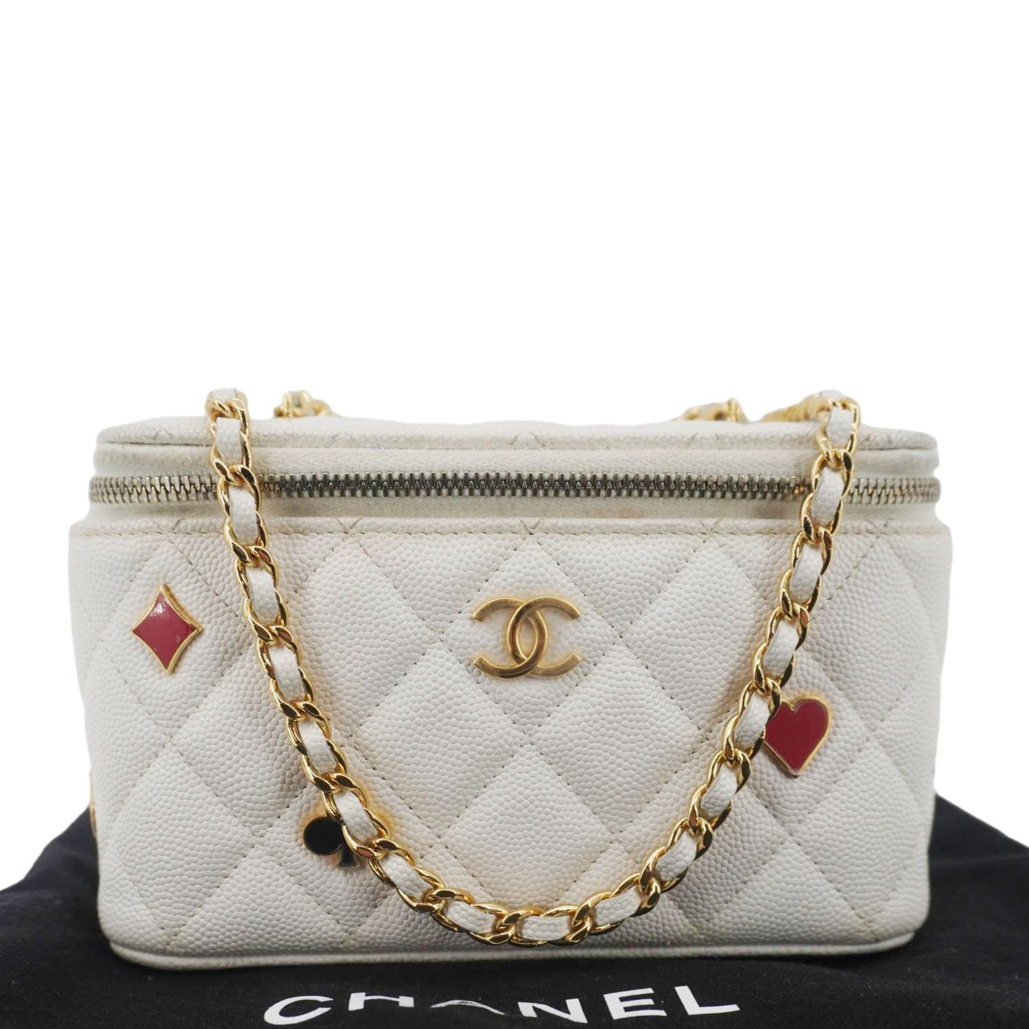 Chanel Coco Casino Small Quilted Caviar Leather Chain Vanity Case White