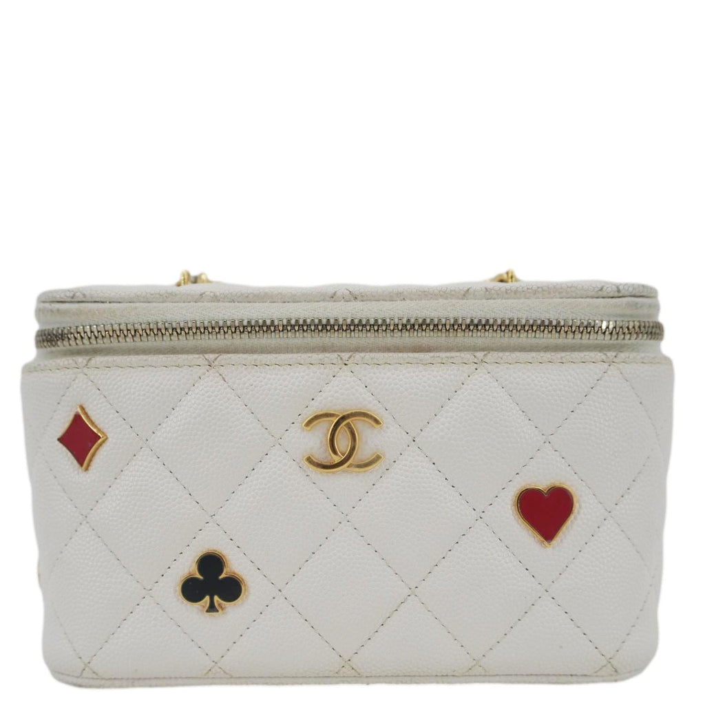 Chanel Coco Casino Small Quilted Caviar Leather Chain Vanity Case White