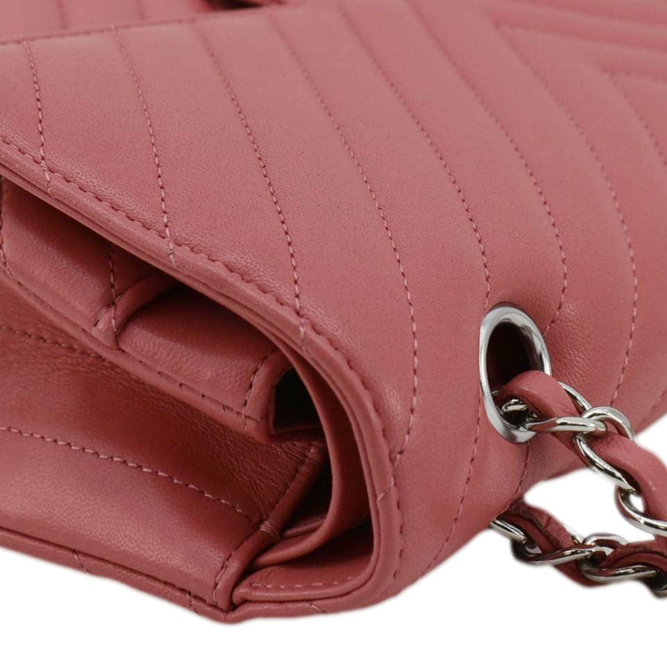 Chanel Classic Double Flap Medium Chevron Leather Shoulder Bag Peach