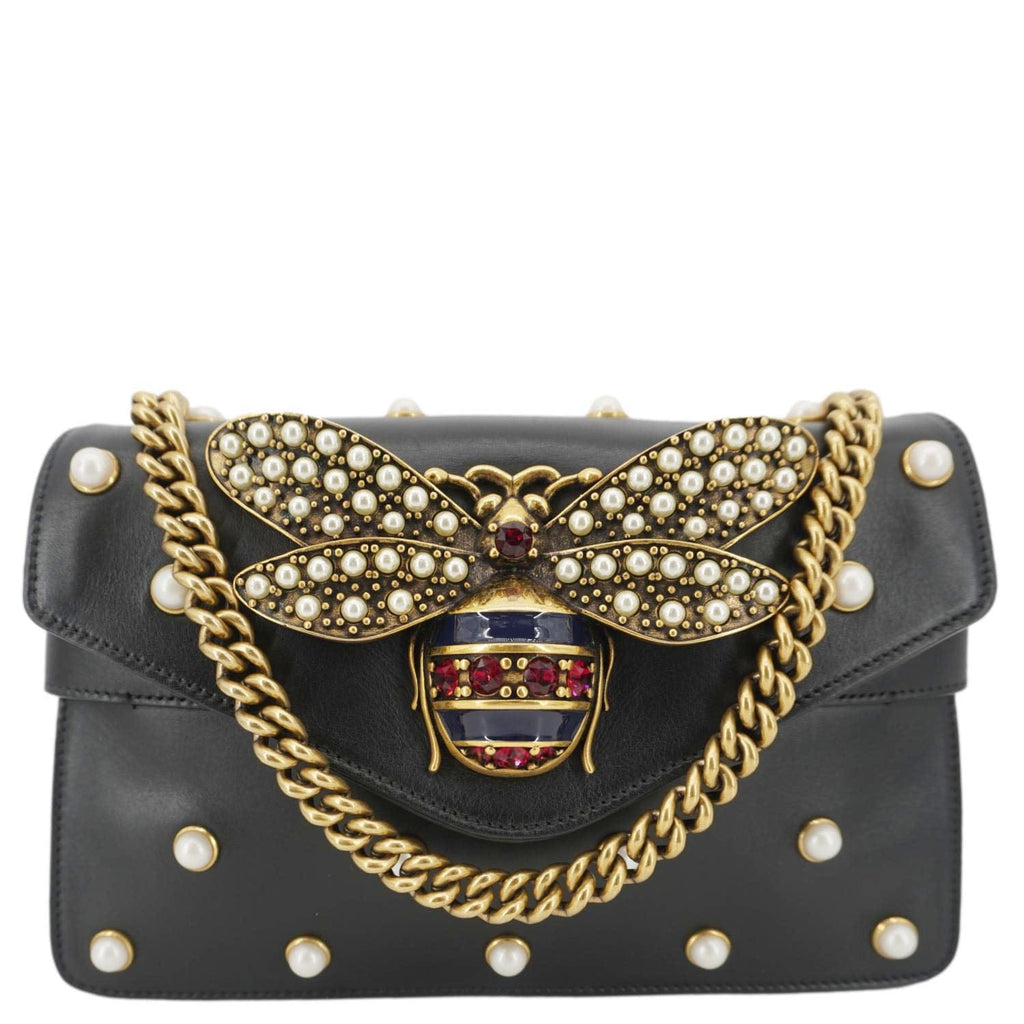 GUCCI Broadway Queen Margaret Pearl Studded Nappa Leather Crossbody Bag Black 453778