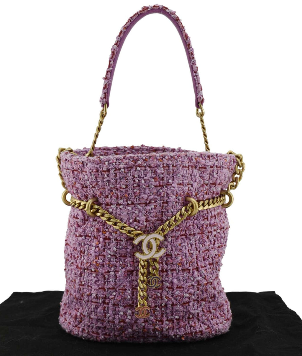 Chanel Pending CC Tweed Enamel Drawstring Tote Bucket Bag Pink