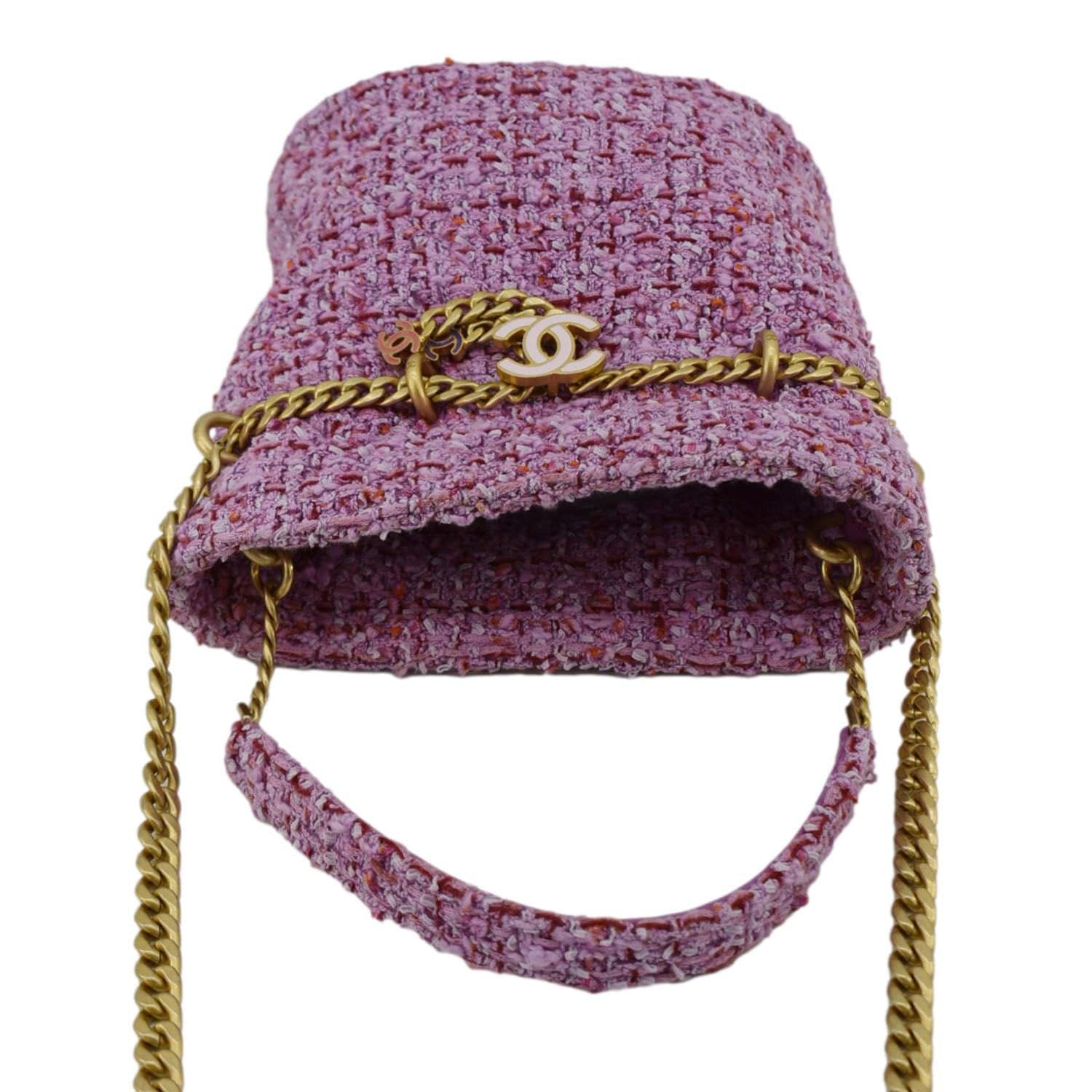 Chanel Pending CC Tweed Enamel Drawstring Tote Bucket Bag Pink