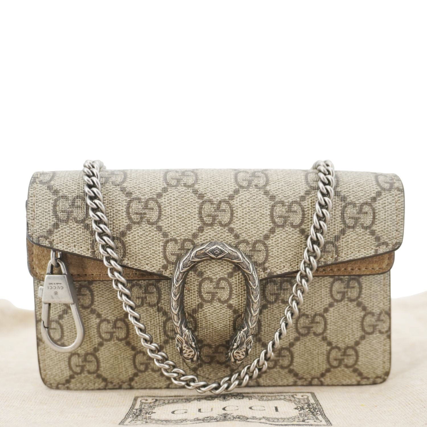 GUCCI Dionysus Super Mini Gucci Supreme Canvas Crossbody Bag Taupe 476432