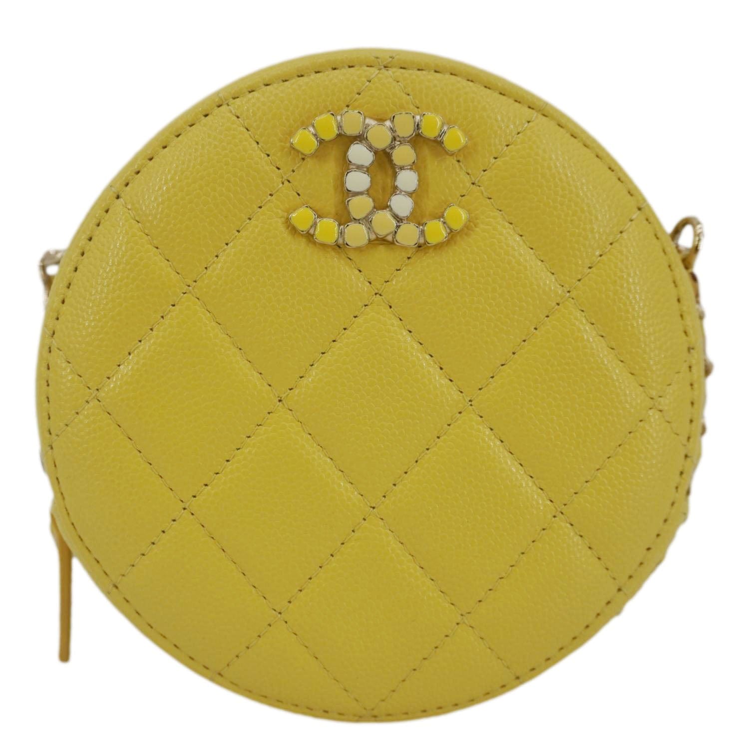 Chanel Crystal CC Round Quilted Caviar Leather Chain Crossbody Bag Yellow