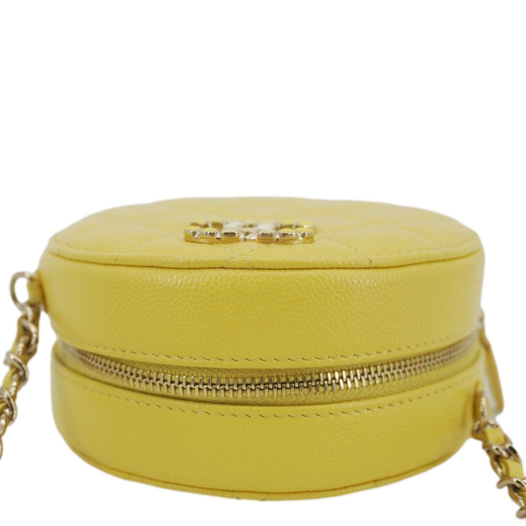 Chanel Crystal CC Round Quilted Caviar Leather Chain Crossbody Bag Yellow