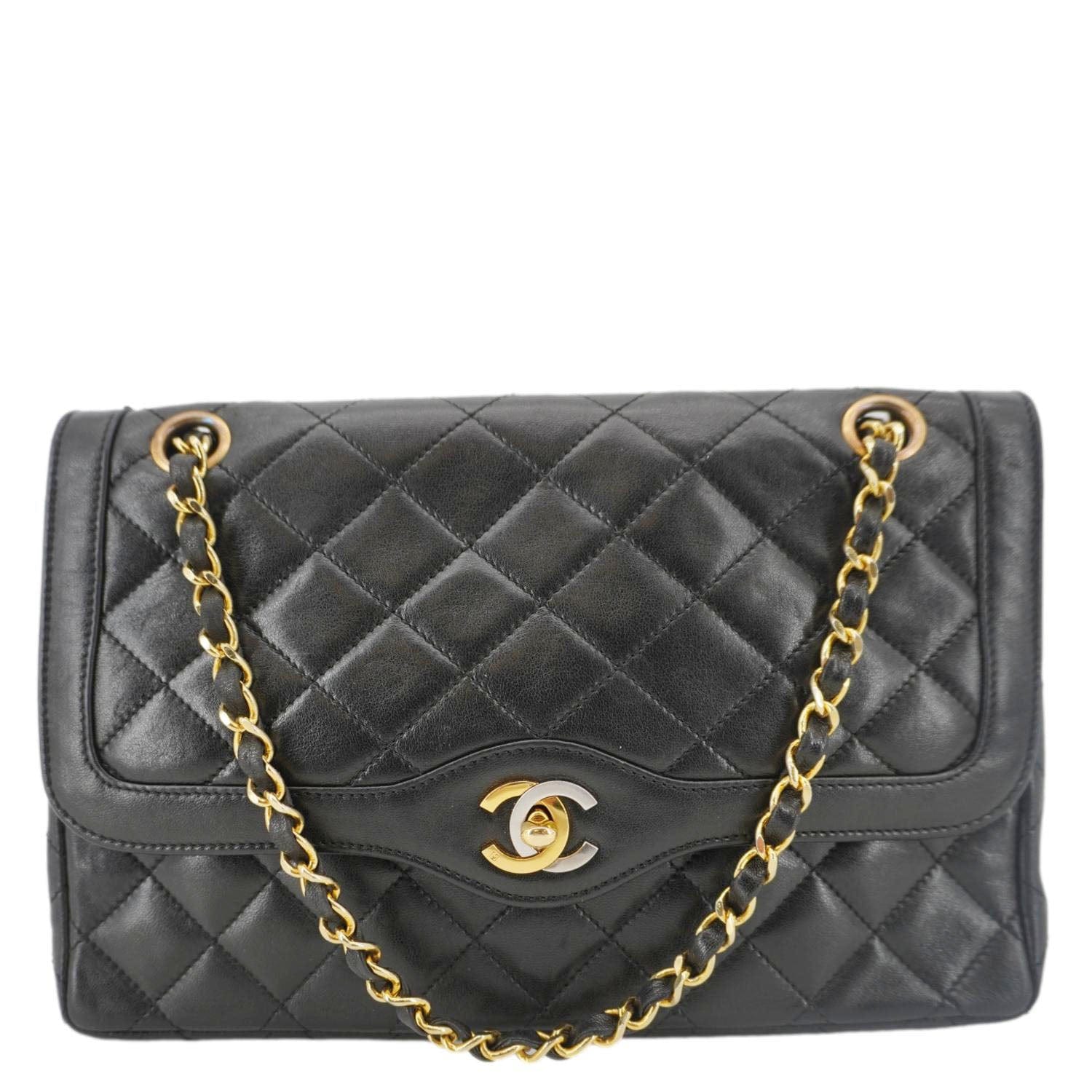 Chanel Paris Two-Tone CC Logo Quilted Leather Shoulder Bag Black