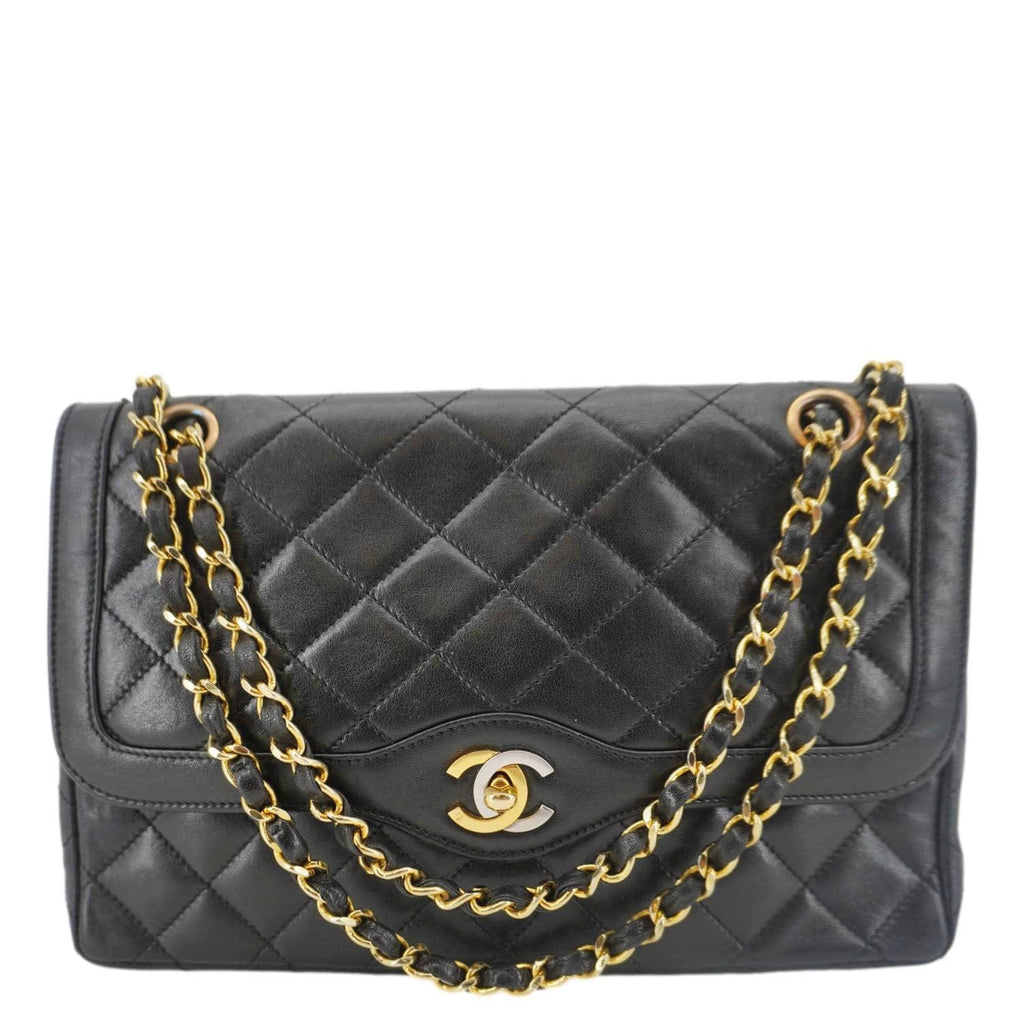 Chanel Paris Two-Tone CC Logo Quilted Leather Shoulder Bag Black