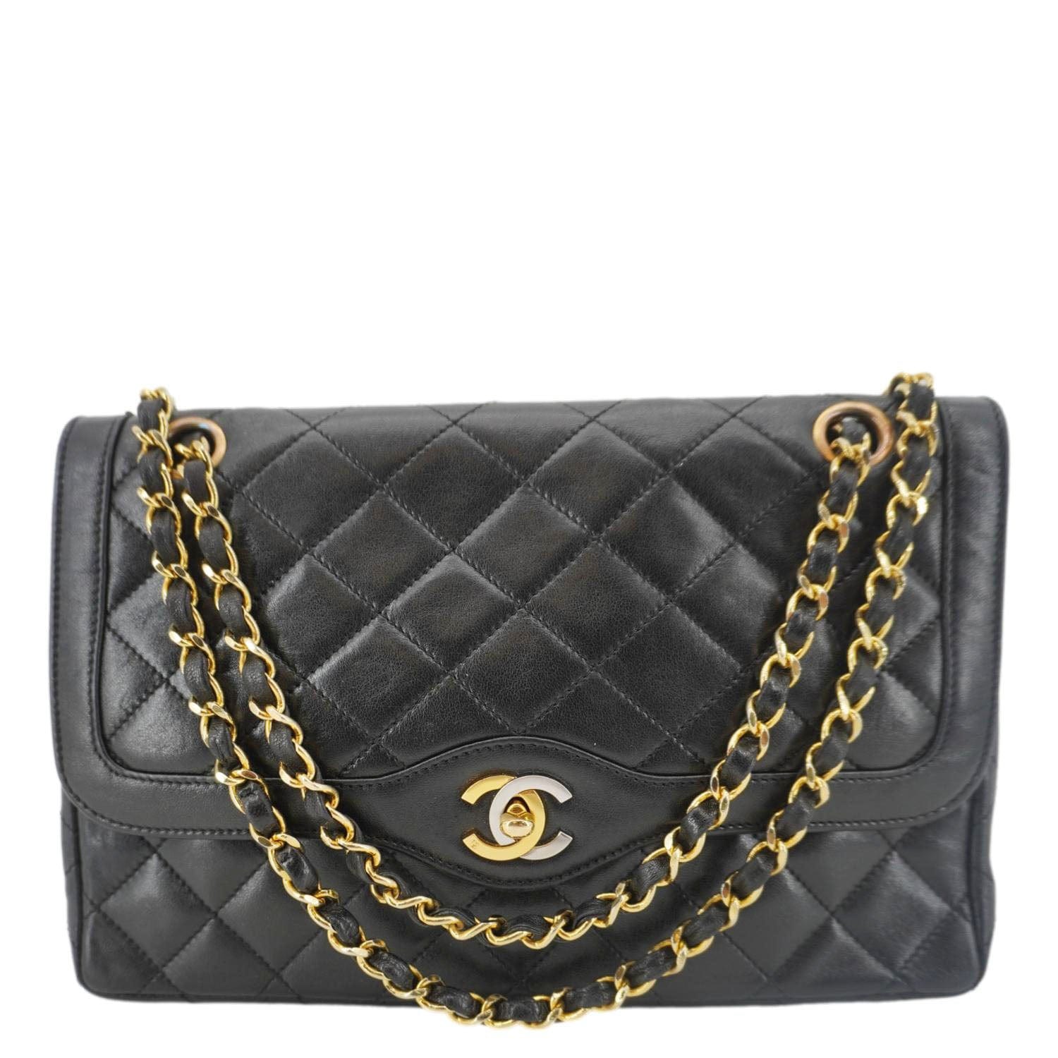 Chanel Paris Two-Tone CC Logo Quilted Leather Shoulder Bag Black