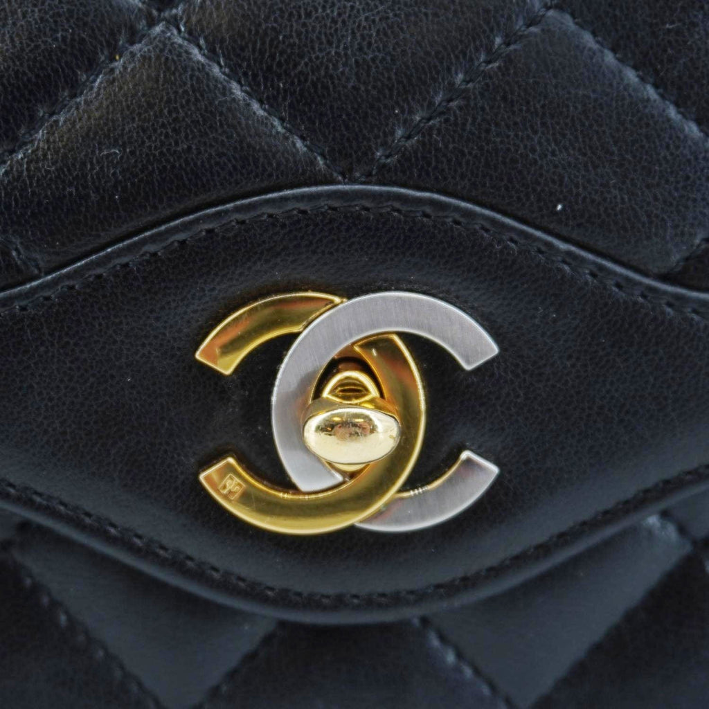 Chanel Paris Two-Tone CC Logo Quilted Leather Shoulder Bag Black