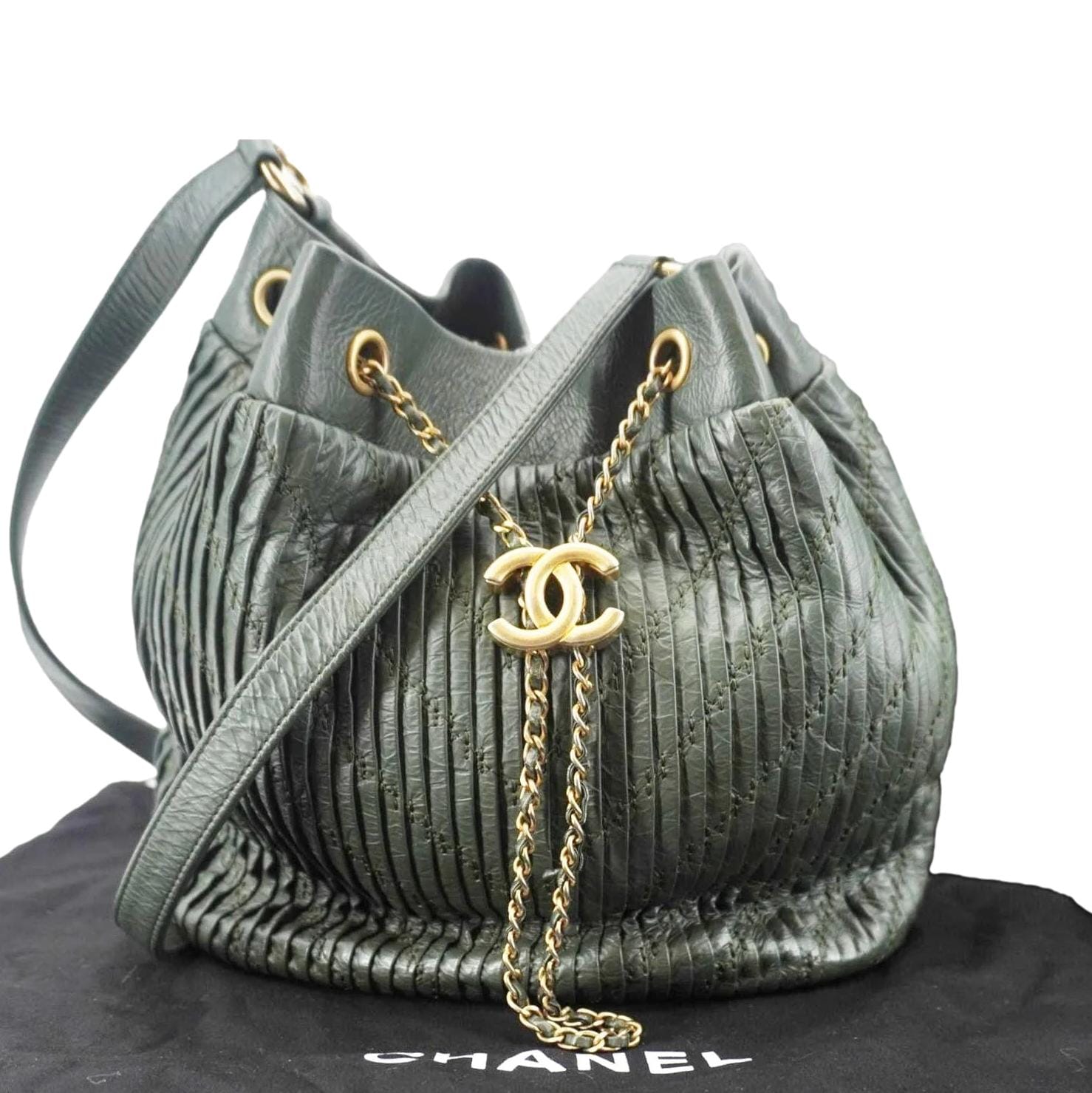 Chanel Chevron Leather Drawstring Bucket Crossbody Bag Green