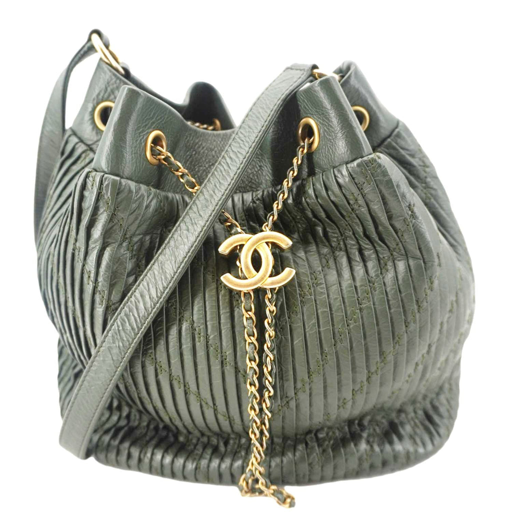 Chanel Chevron Leather Drawstring Bucket Crossbody Bag Green