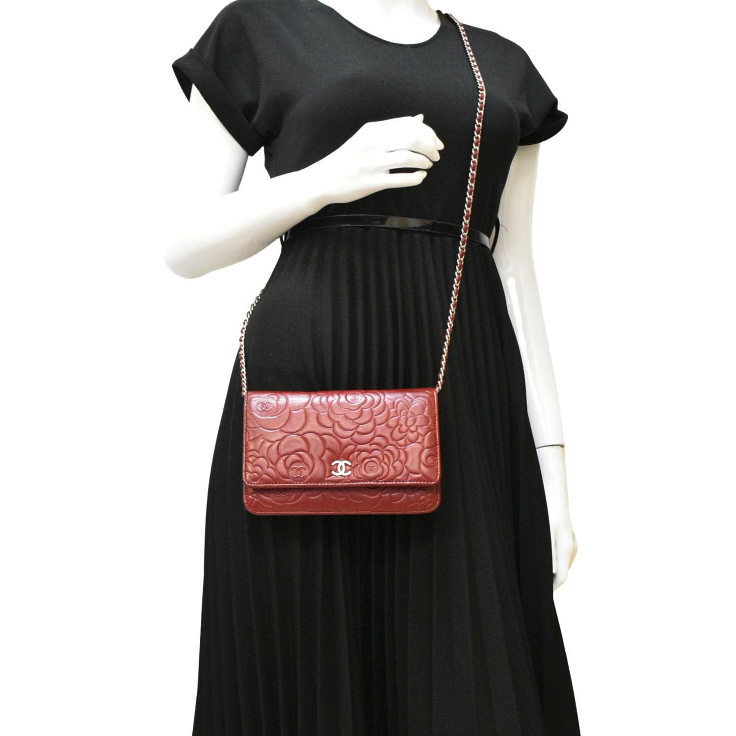Chanel Camellia Wallet On Chain Leather Crossbody Bag Red