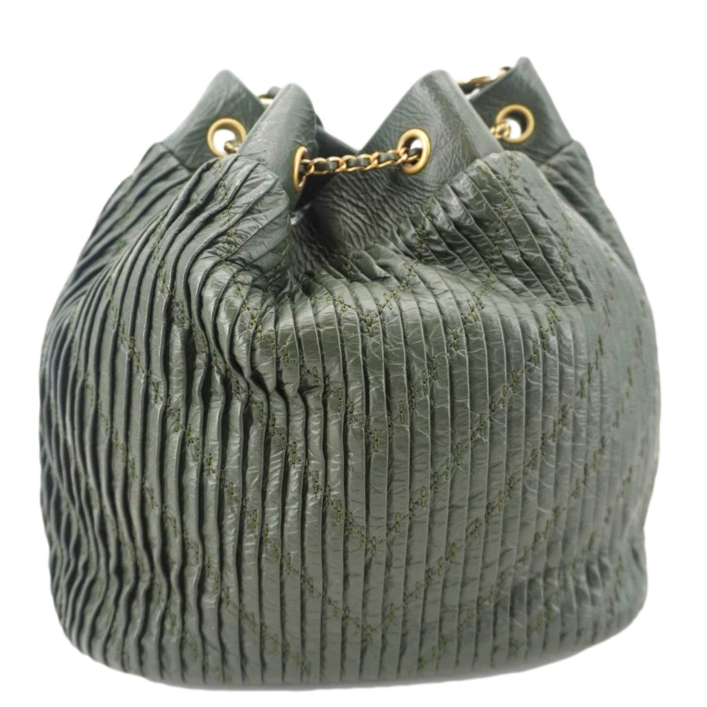 Chanel Chevron Leather Drawstring Bucket Crossbody Bag Green