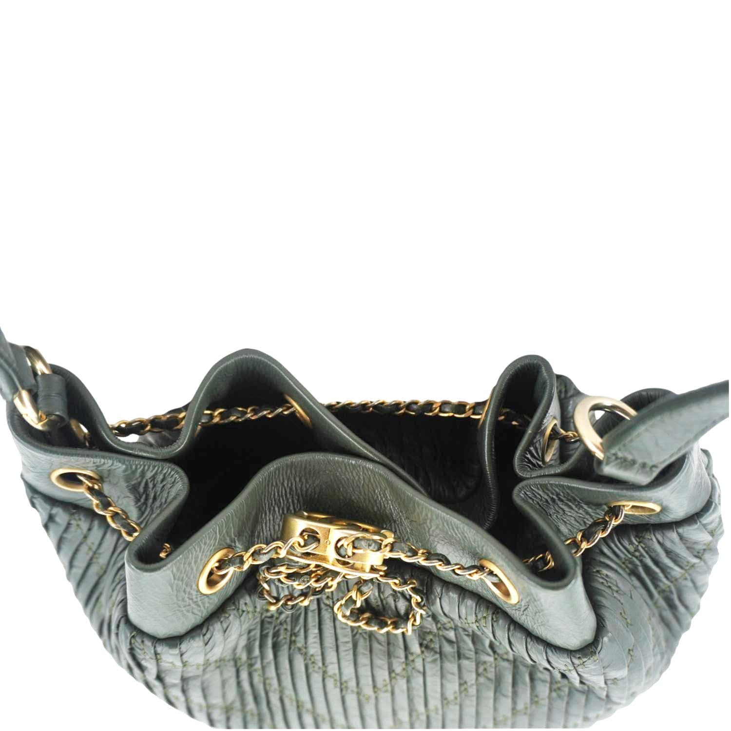Chanel Chevron Leather Drawstring Bucket Crossbody Bag Green