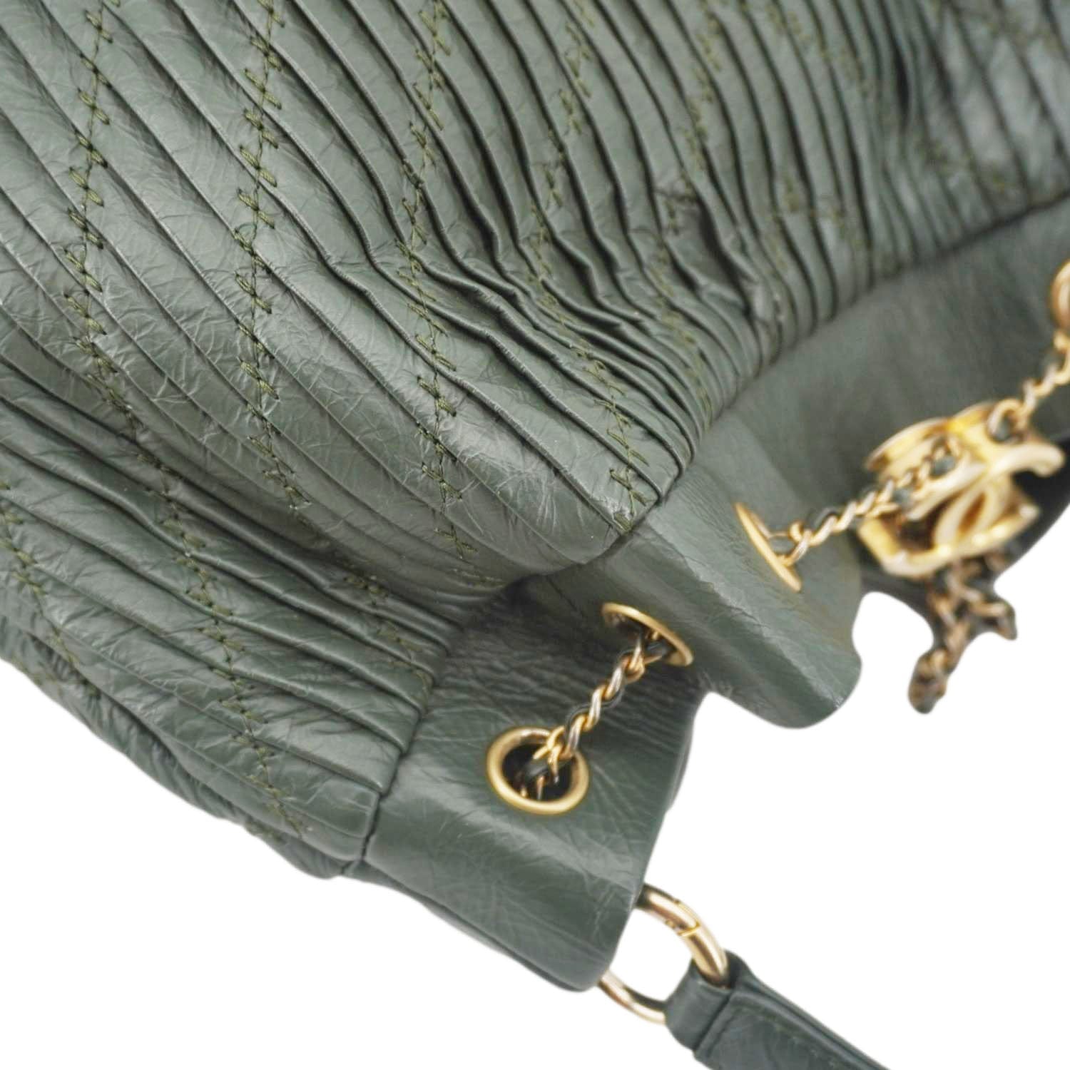 Chanel Chevron Leather Drawstring Bucket Crossbody Bag Green