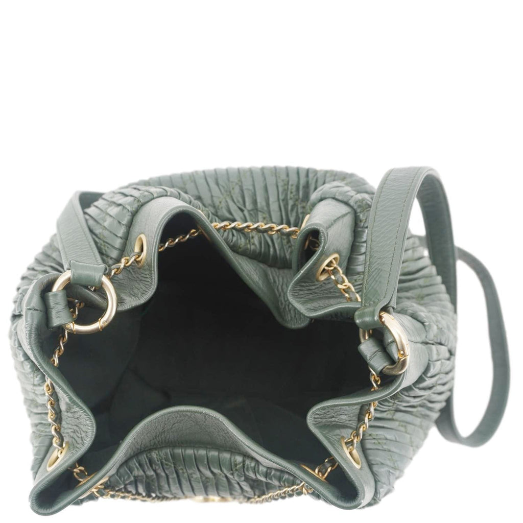 Chanel Chevron Leather Drawstring Bucket Crossbody Bag Green