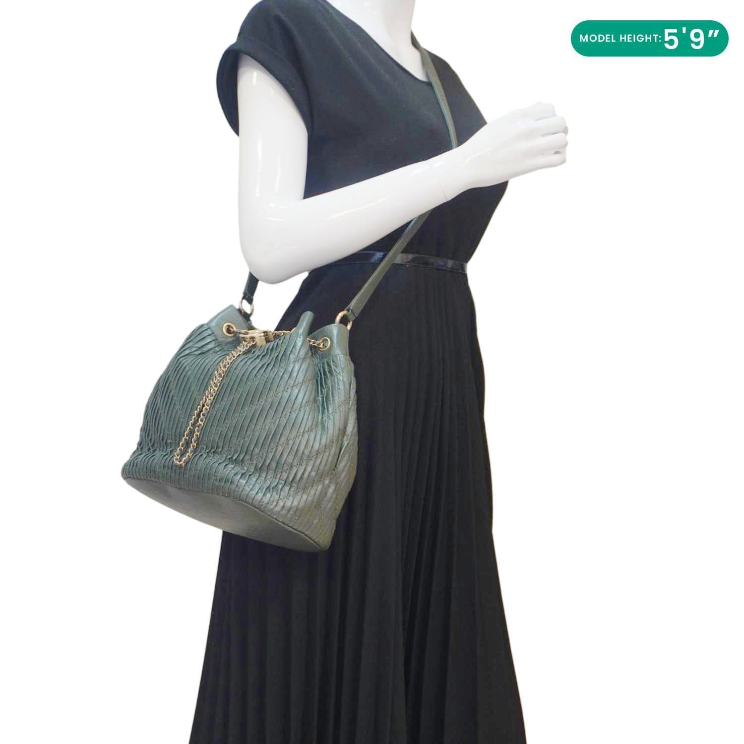 Chanel Chevron Leather Drawstring Bucket Crossbody Bag Green