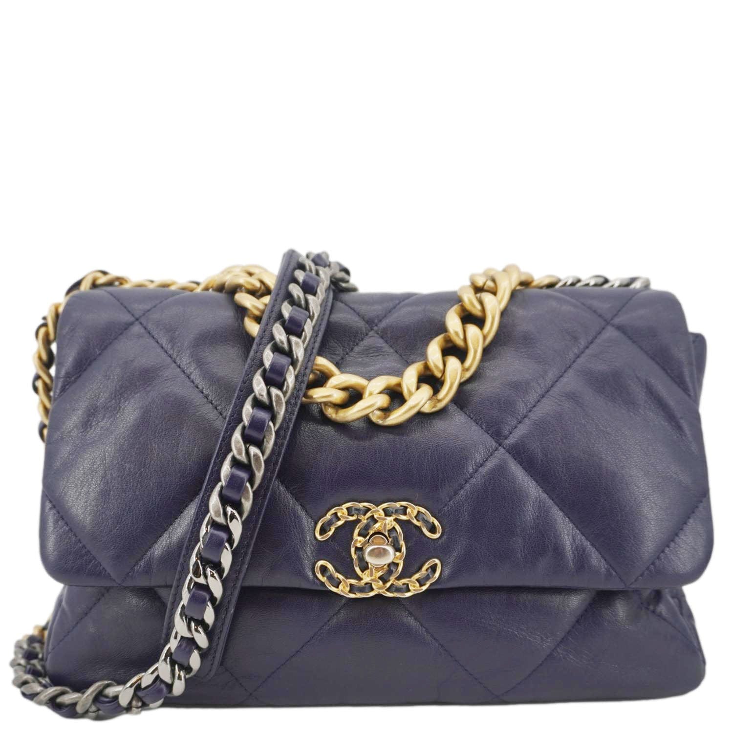 Chanel 19 Flap Quilted Leather Chain Crossbody Bag Navy Blue