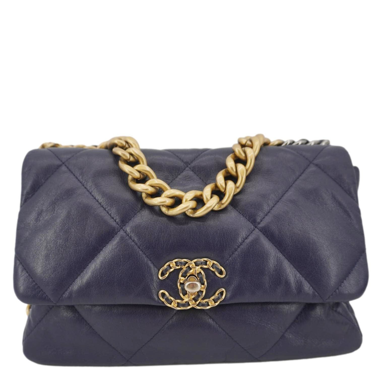 Chanel 19 Flap Quilted Leather Chain Crossbody Bag Navy Blue