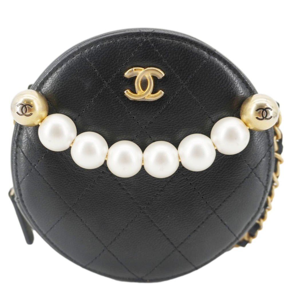 Chanel Round Chic Pearls Quilted Leather Crossbody Bag Black