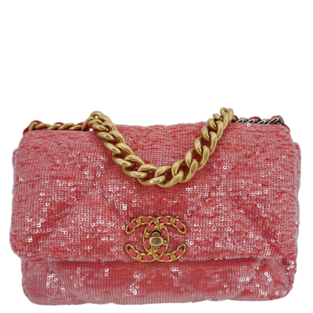 Chanel 19 Medium Flap Quilted Sequin Shoulder Bag Hot Pink