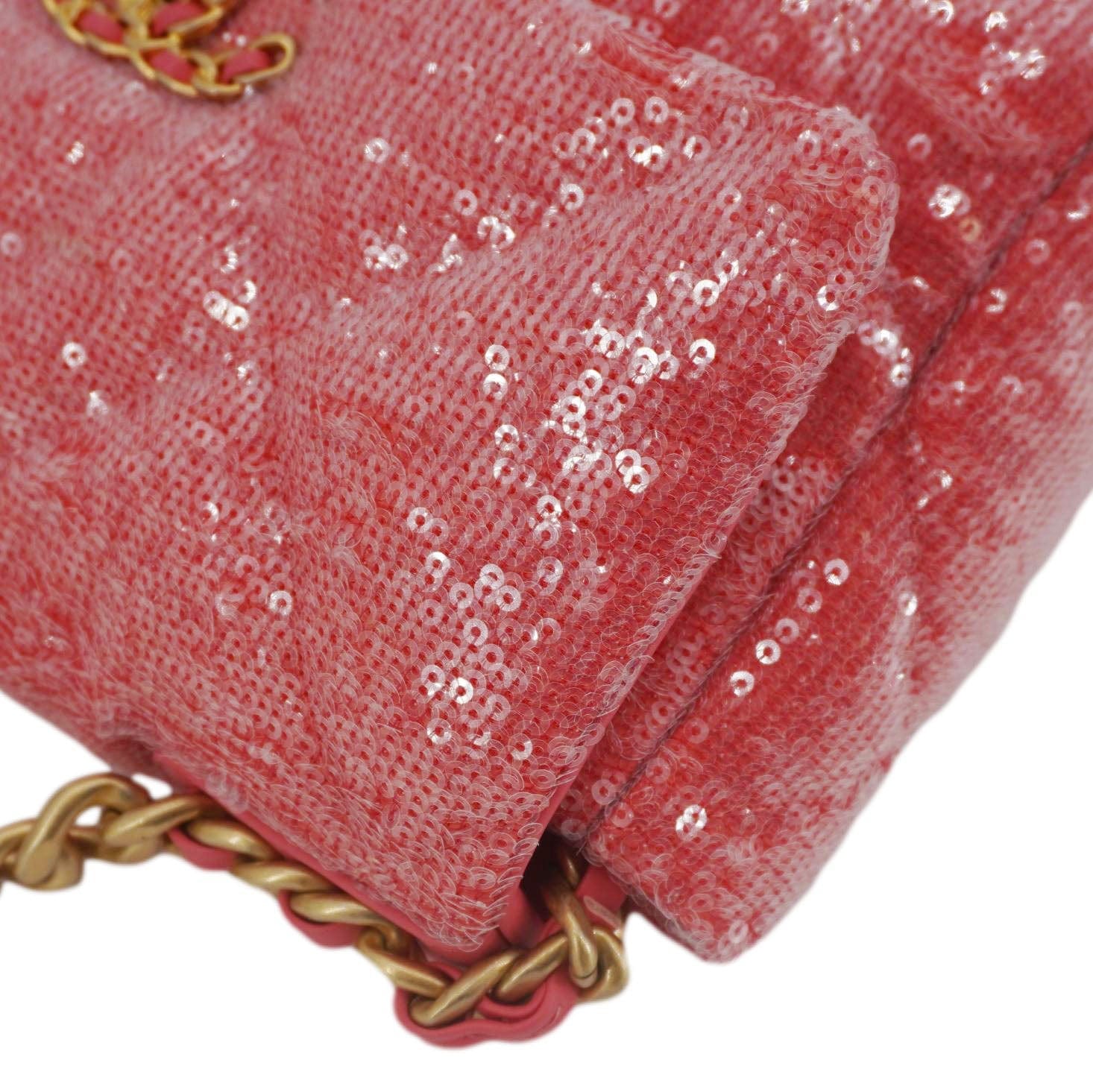 Chanel 19 Medium Flap Quilted Sequin Shoulder Bag Hot Pink
