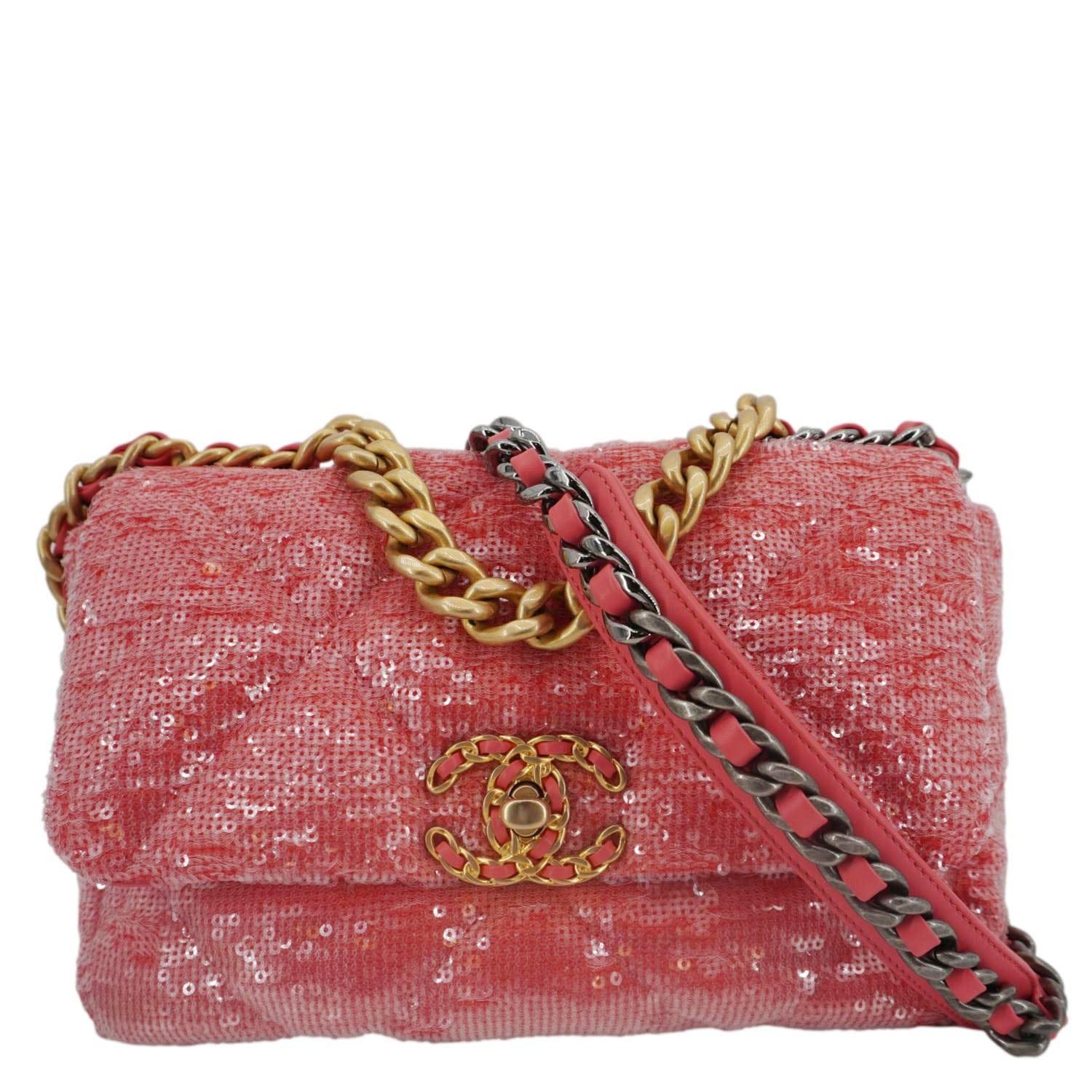 Chanel 19 Medium Flap Quilted Sequin Shoulder Bag Hot Pink