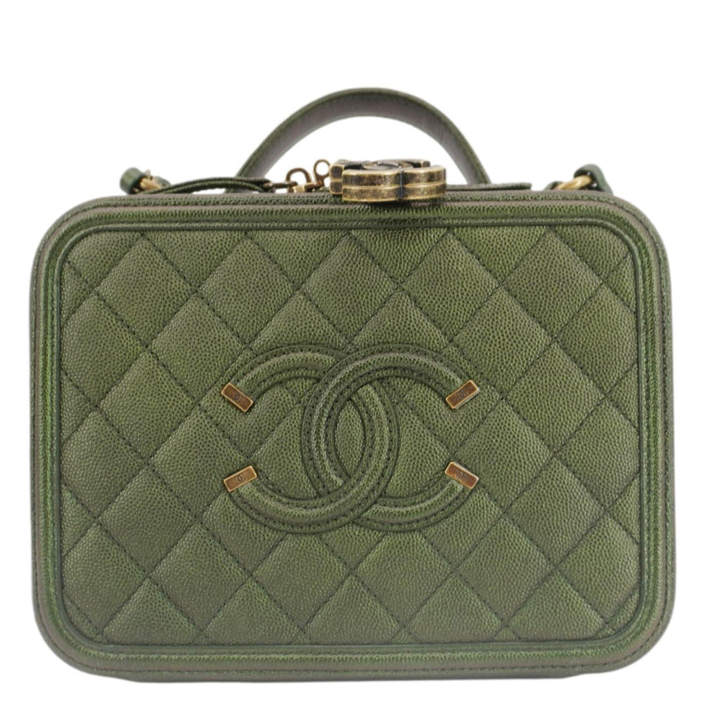 Chanel Vanity Case Filigree CC Iridescent Quilted Caviar Leather Shoulder Bag Green