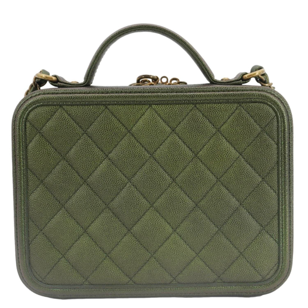 Chanel Vanity Case Filigree CC Iridescent Quilted Caviar Leather Shoulder Bag Green