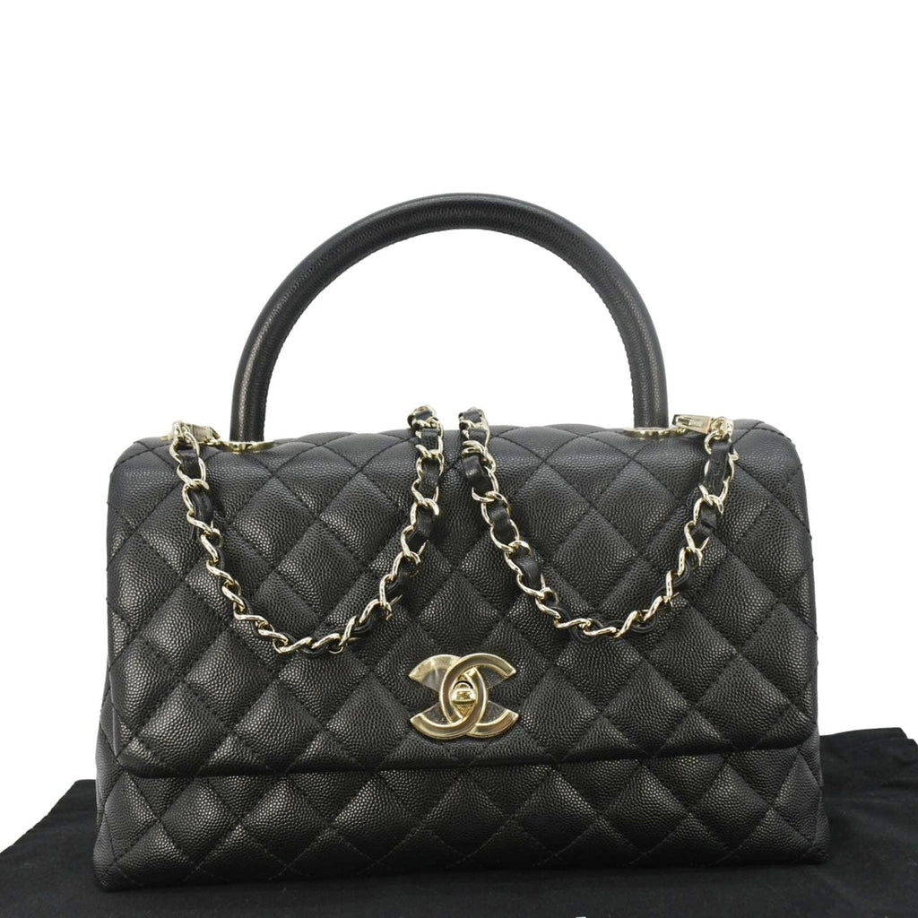 Chanel Coco Flap Medium Quilted Caviar Leather Handle Shoulder Bag Black
