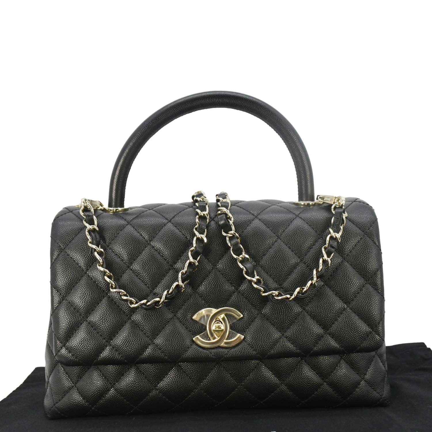 Chanel Coco Flap Medium Quilted Caviar Leather Handle Shoulder Bag Black